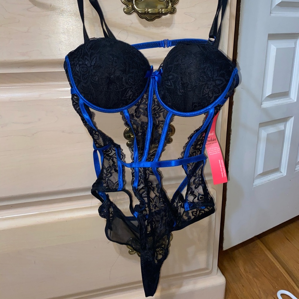 Black blue sexy leotard lingerie lace bra thong